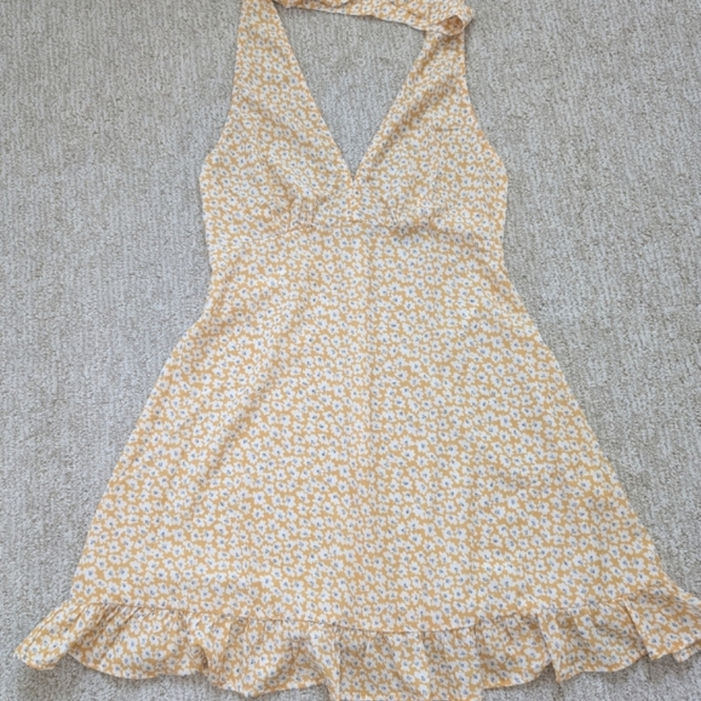 Floral Yellow Ruffled Halter Sundress